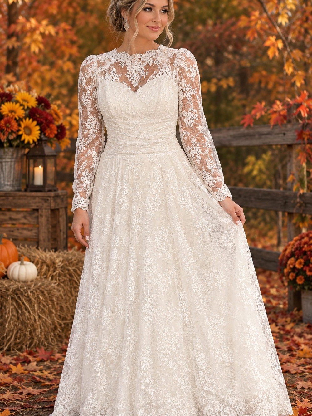 Vintage Alfres Angelo Lace Long-Sleeve A-Line Wedding Dress - Ivory